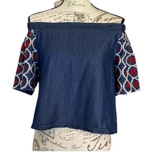 Romeo & Juliet Couture Blue Denim Off Shoulder Embroidered Blouse Chambray Artsy
